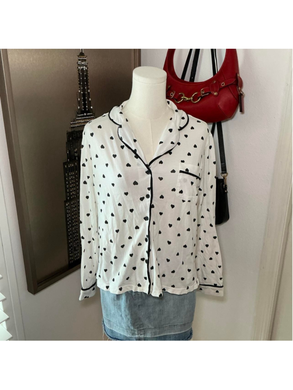 Kate Spade Black Heart Print Pajama Button Up Top Size M